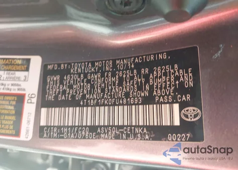 2015 Toyota Camry Le from USA, damaged, VIN 4T1BF1FK0FU481693